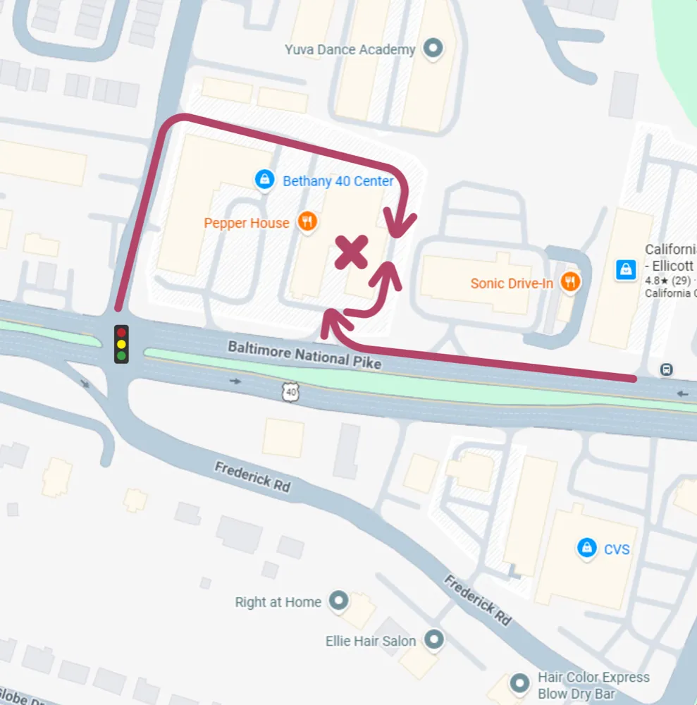 Map showing the route to the Sakura Music Academy studio on Baltimore National Pike in Ellicott City, Maryland.